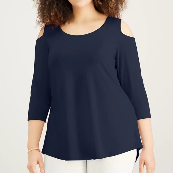 JM Collection Plus Size Cold-Shoulder Top, Intrepid Blue - Picture 1 of 11